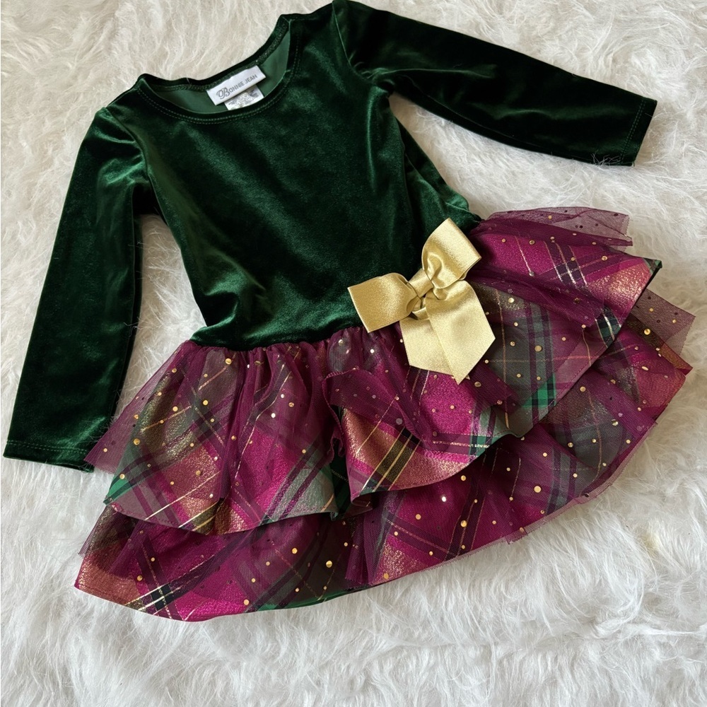 Bonnie Jean Velvet Green and Plum Costume Dress with Gold Accent